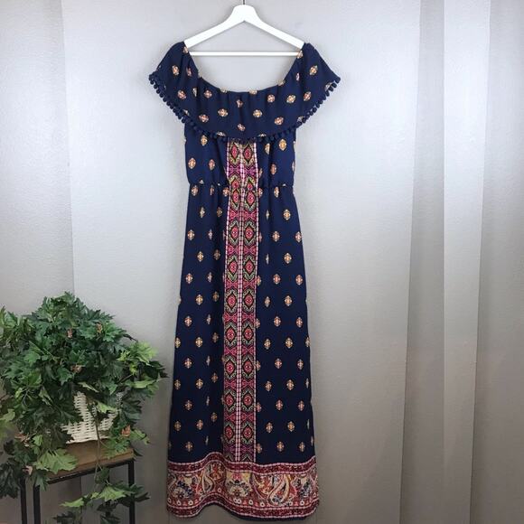 As U Wish Navy Ikat Pom Pom Tassel Maxi Dress Size XS - Picture 2 of 8